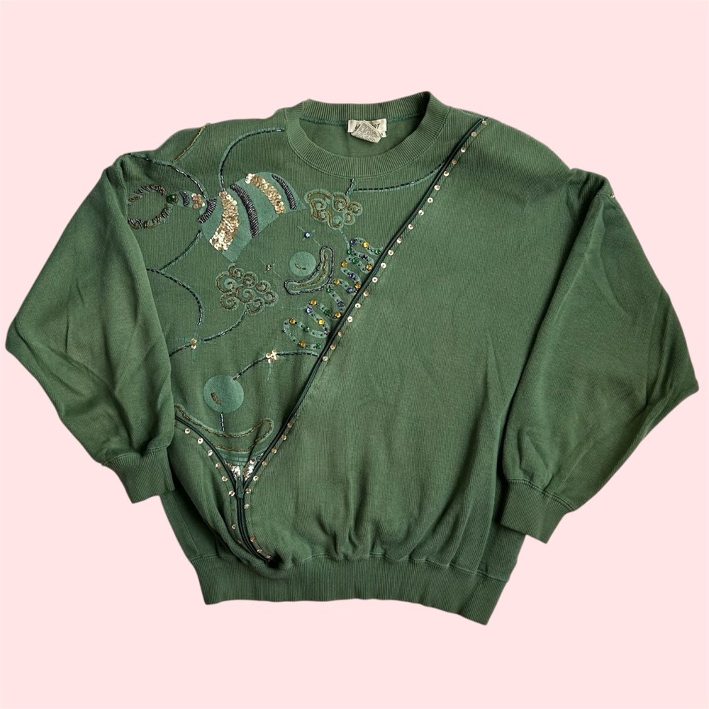 Vintage 90s I.B. Sport Bling Texture Bead Knit Crewneck Green Medium